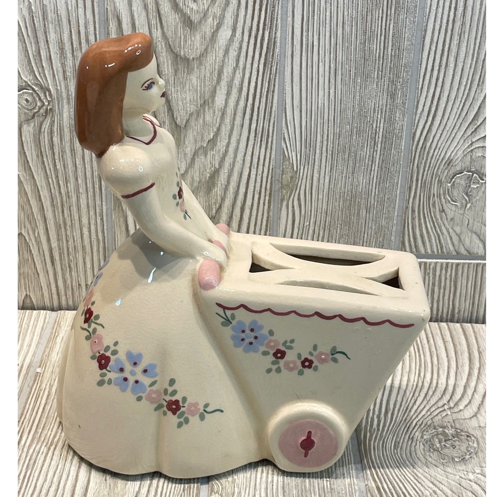 Vintage Weil Ware California Pottery Woman with Flower Cart Planter Vase 1940s